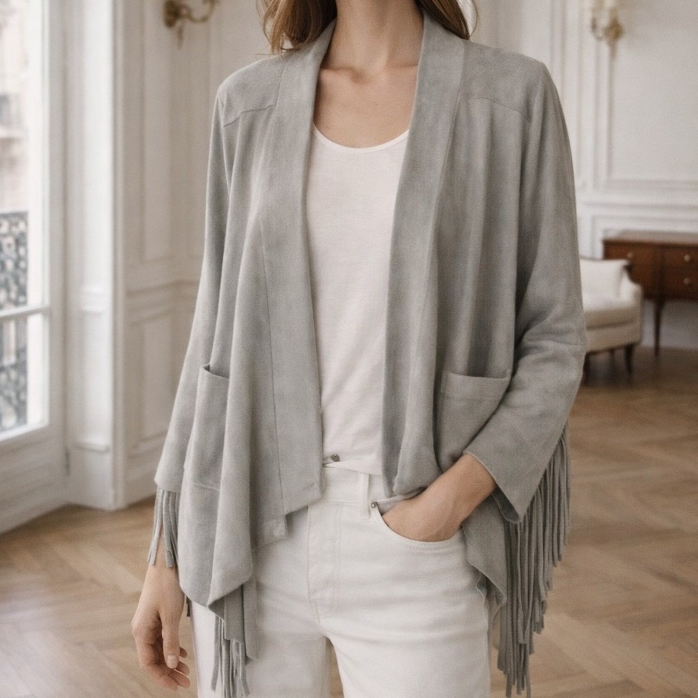 NEW JOH‎ Grey Faux Suede Fringe Open Jacket Cardigan Pockets Size Small